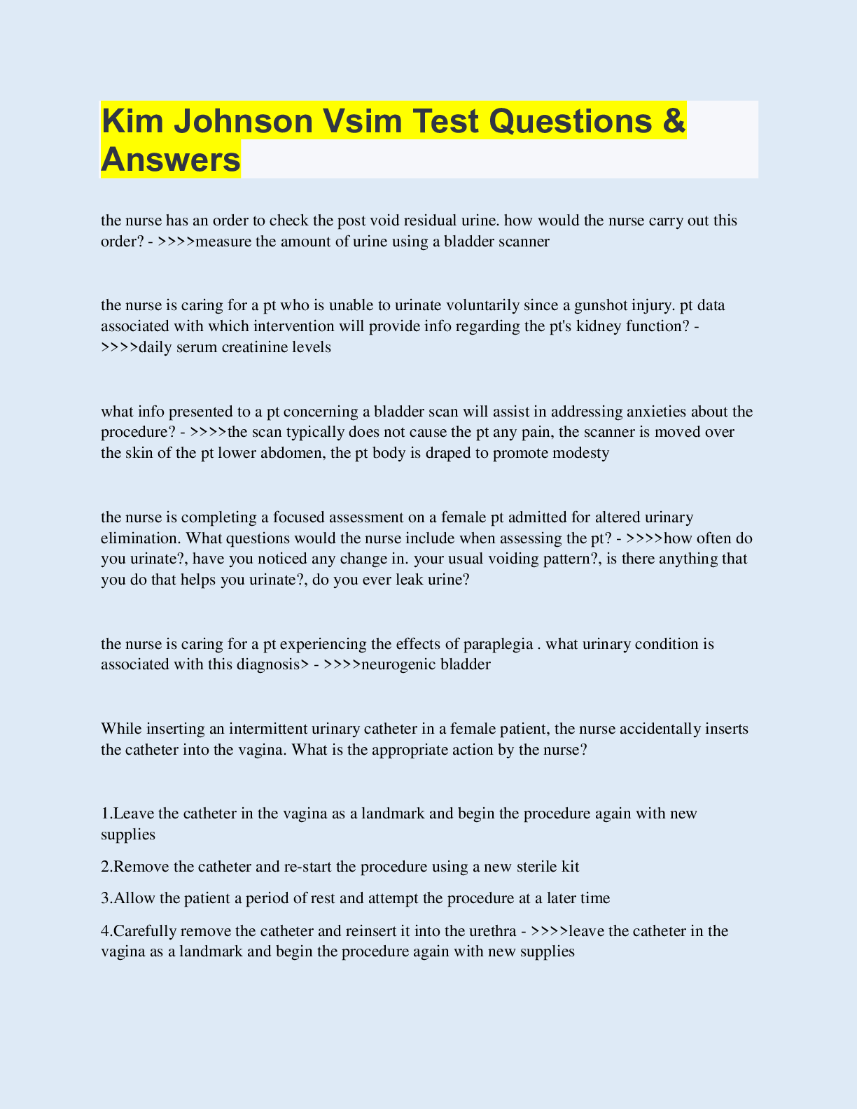 Preview of Kim Johnson Vsim Test Questions & Answers  | with 100% Correct Answers | Updated & Verifie